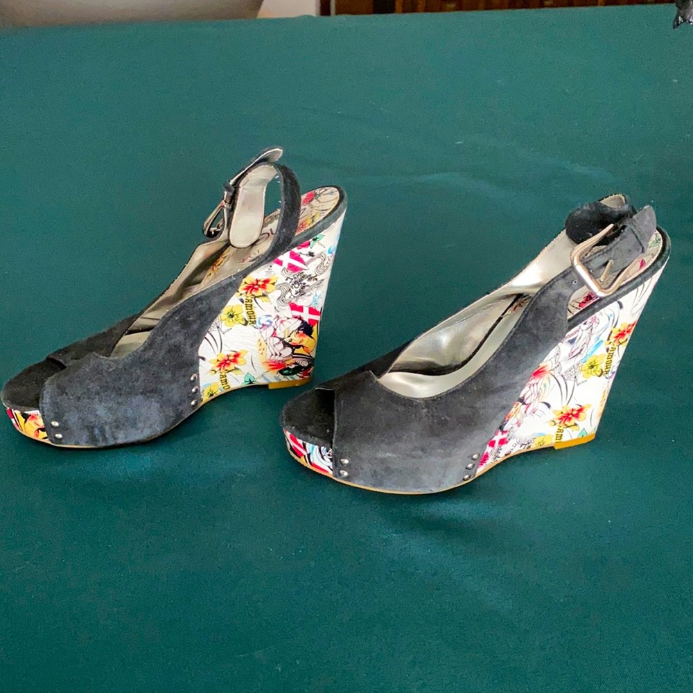 Tattoo Print and Suede Wedges
